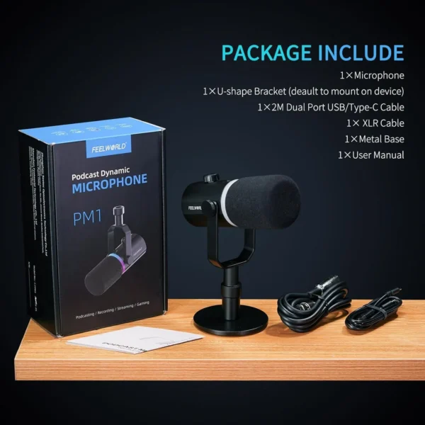 FEELWORLD PM1 XLR USB Dynamic Microphone with Desktop Stand for Podcast (11) FEELWORLD PM1 XLR USB Dynamic Microphone with Desktop Stand for Podcast (11)