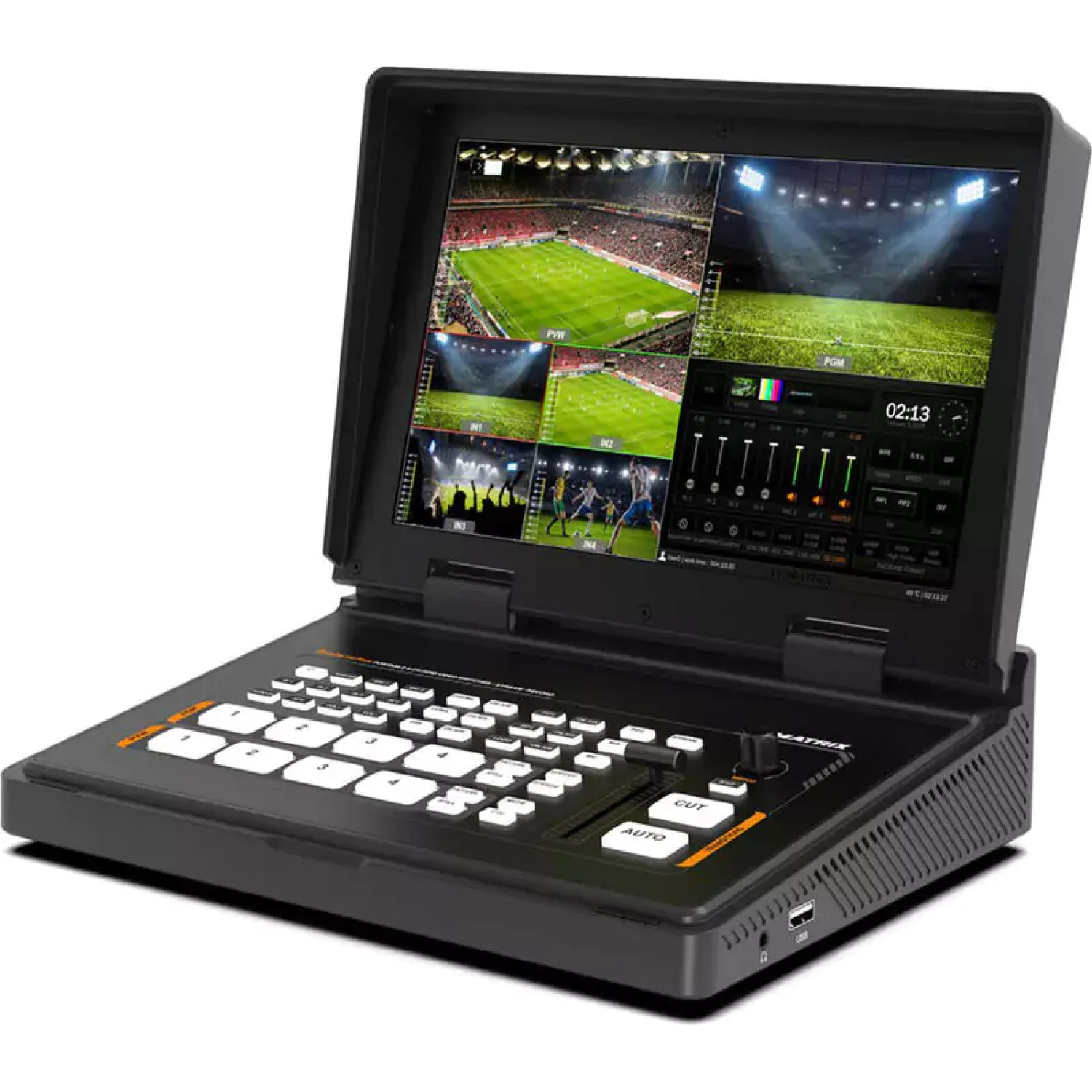 AVMATRIX Shark H4 PLUS 4-channel HDMI video switcher open with 10.1-inch IPS display