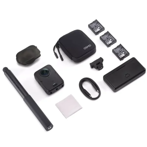 DJI Osmo 360 II Adventure Combo kit contents laid out on white DJI Osmo 360 II Adventure Combo kit contents laid out on white