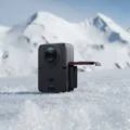 DJI Osmo 360 II 360 degree action camera in snow with dual lenses