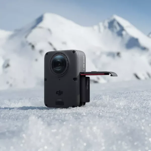 DJI Osmo 360 II 360 degree action camera in snow with dual lenses DJI Osmo 360 II 360 degree action camera in snow with dual lenses