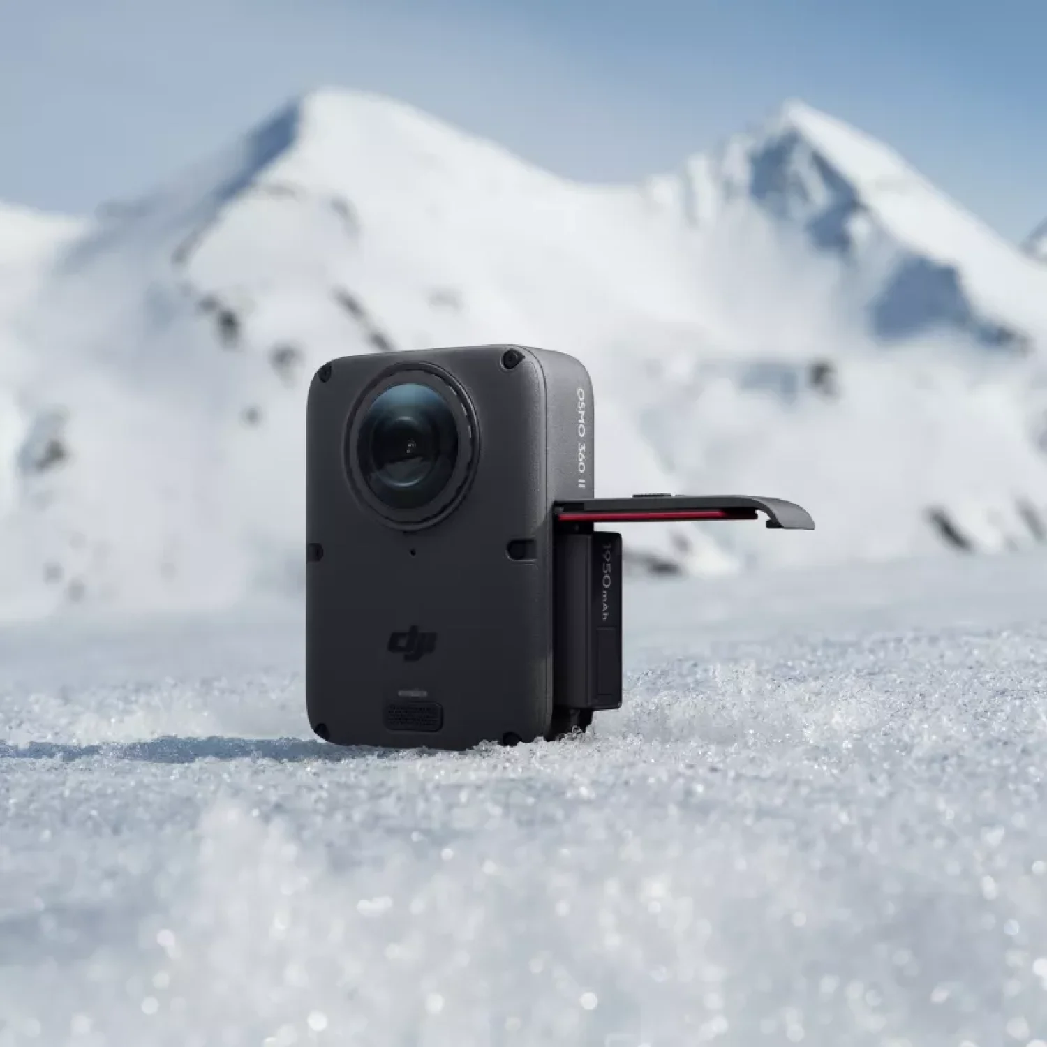 DJI Osmo 360 II 360 degree action camera in snow with dual lenses