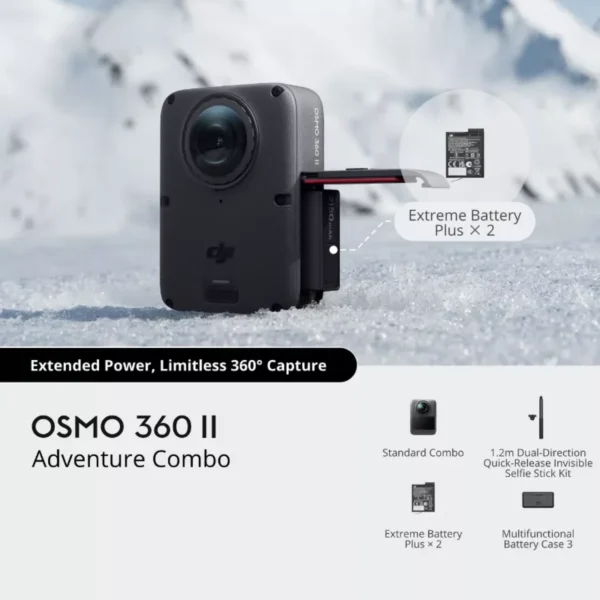 DJI Osmo 360 II Adventure Combo contents with battery case and selfie stick DJI Osmo 360 II Adventure Combo contents with battery case and selfie stick