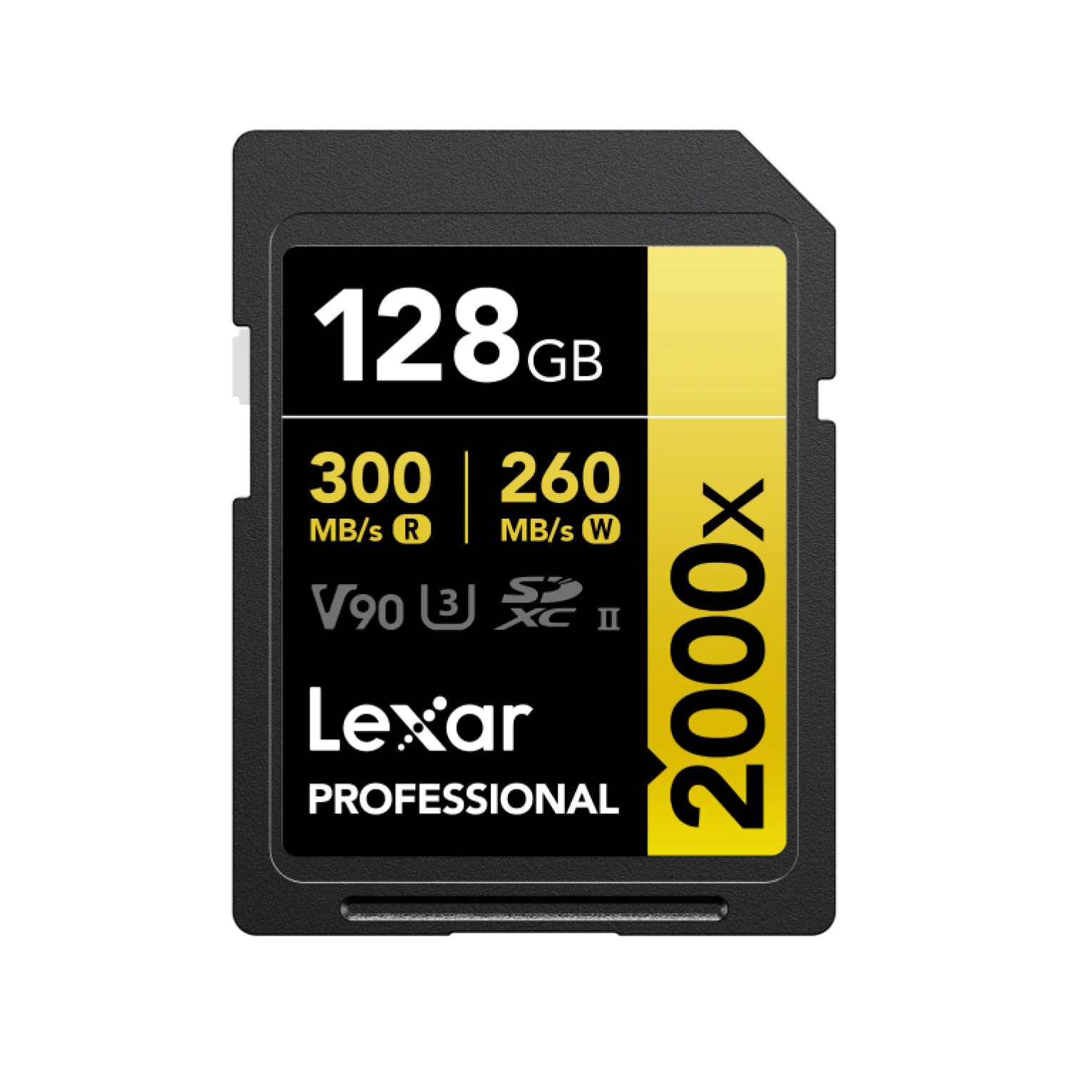 Lexar Professional 2000x 128GB SDXC UHS-II memory card front with 300MB/s read and V90 rating